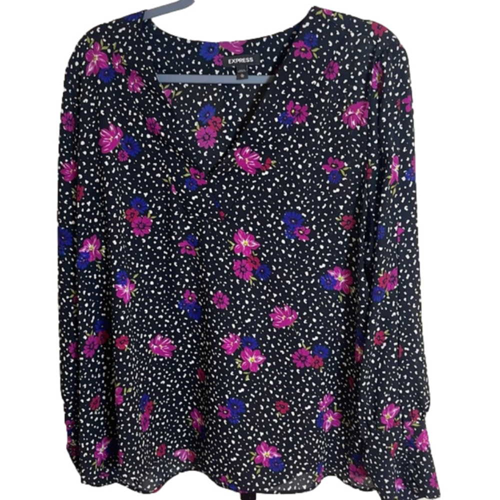 Express Long Slit Sleeve Blouse black floral size XL V-neck lightweight